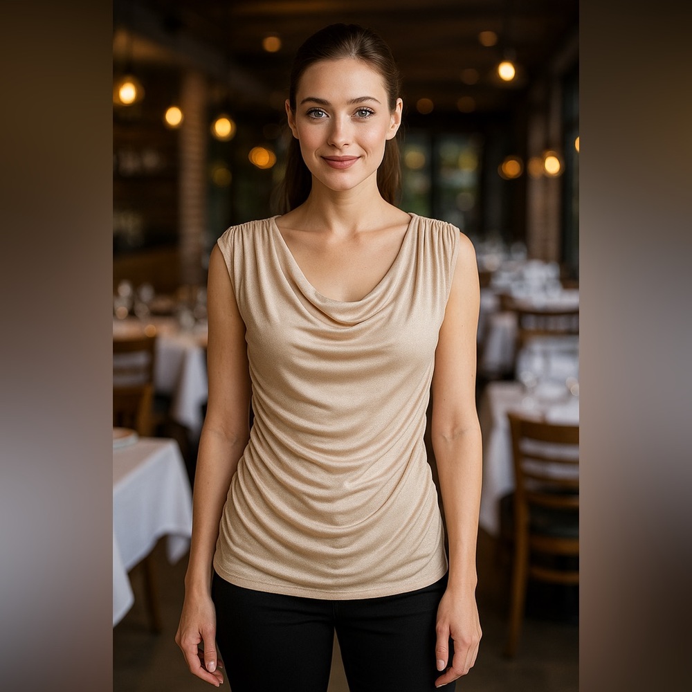 Express Draped Front Sleeveless Top Beige Shimmer Small Women’s Blouse